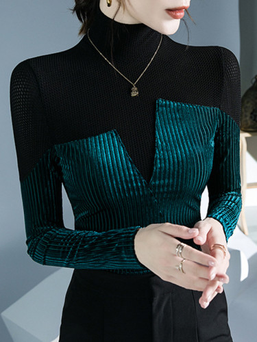Split-Joint Contrast Color Skinny Long Sleeves High Neck T-Shirts Tops