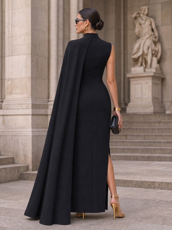 Cape Sleeveless Buttoned Solid Color Split-front Zipper Mock Neck Maxi Dresses