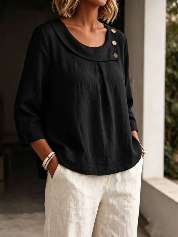 Long Sleeves Loose Asymmetric Buttoned Pleated Solid Color Split-Joint U-neck Blouses&shirts Tops