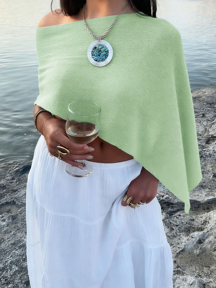 Solid Color See-Through Sleeveless Loose One-Shoulder Cape
