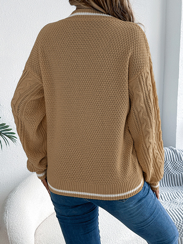 Split-Joint Contrast Color Cable Knit Puff Sleeves Long Sleeves V-Neck Sweater Tops Knit Top
