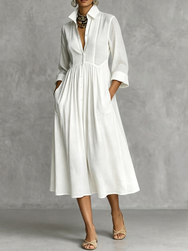 A-line High Waisted Buttoned Pleated Pockets Solid Color Split-Joint Lapel Midi Dresses