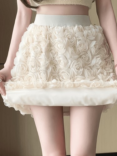 Sweet A-line Skirt, Ballet-style Women's Spring\u002Fsummer Skirt, Three-dimensional Floral Puff Hem
