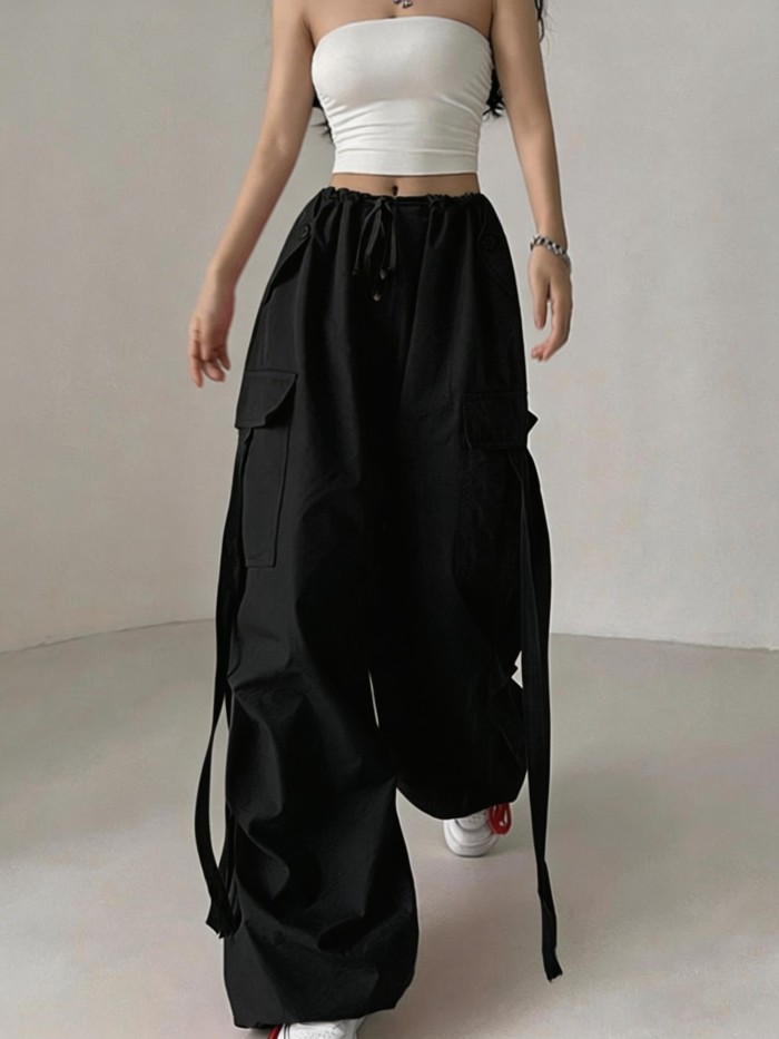 Fashion Utility Pants, Street Style Loose Fit Wide Leg Long Trousers, Drawstring Ankle Scarf, Casual