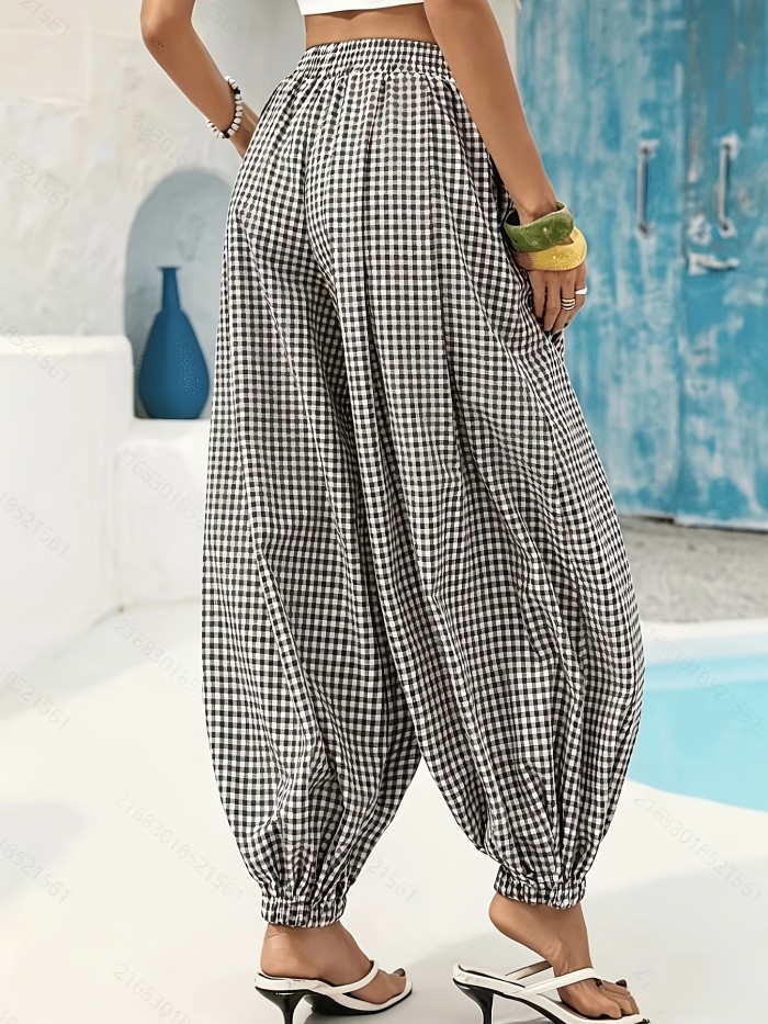 AK260317010 Women'S Necktie Pocket Plaid Loose Harem Pants, Vacation, Vacation Style, Summer Vacation Outfit, Plaid Print Elastic Waist Loose Harem Leg Pants, Suitable for Office, Business, Casual, Daily Wear, College, Travel
