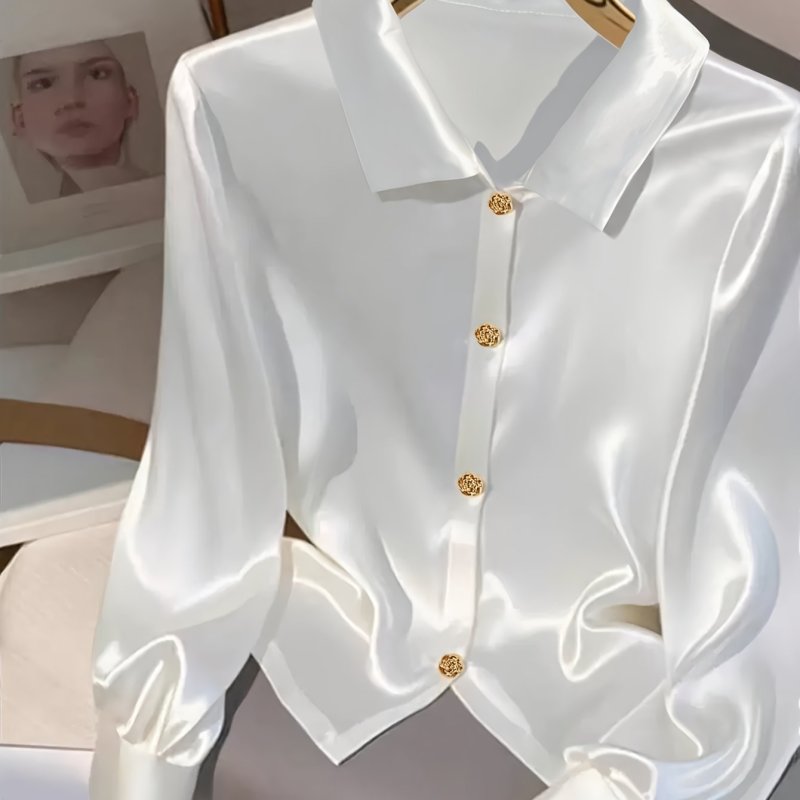 Long Sleeve Pointed Collar Button-Up Top for All Seasons, Casual Office Wear with Exquisite Cutting