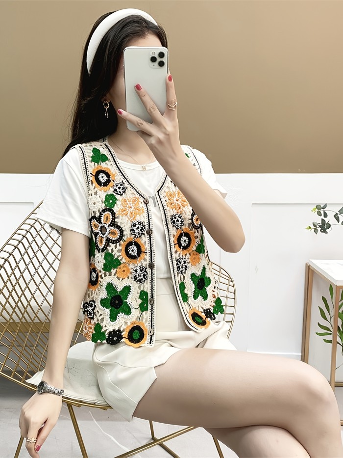 Vintage Ethnic-style Openwork Beaded Crochet Fringe Short Layered Cardigan Vest