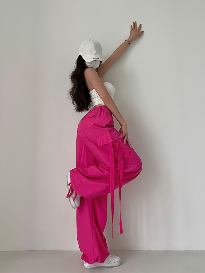Fashion Utility Pants, Street Style Loose Fit Wide Leg Long Trousers, Drawstring Ankle Scarf, Casual