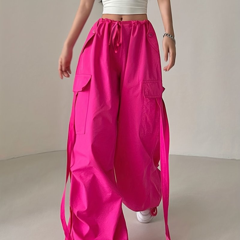 Fashion Utility Pants, Street Style Loose Fit Wide Leg Long Trousers, Drawstring Ankle Scarf, Casual