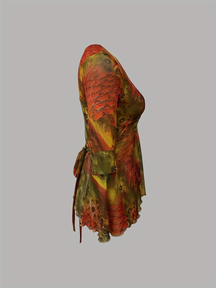 Printed Mesh Top Fashionable and Elegant Printed Mesh Top with a Small Design