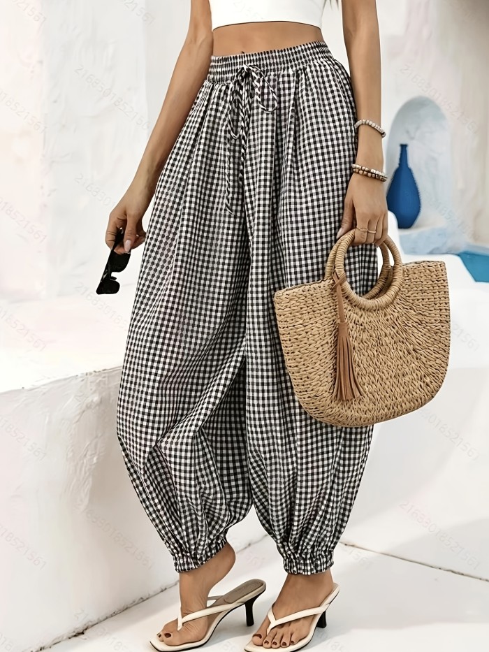 AK260317010 Women'S Necktie Pocket Plaid Loose Harem Pants, Vacation, Vacation Style, Summer Vacation Outfit, Plaid Print Elastic Waist Loose Harem Leg Pants, Suitable for Office, Business, Casual, Daily Wear, College, Travel