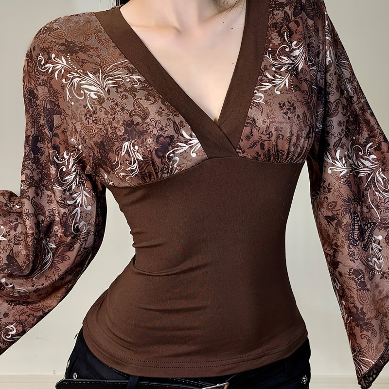 Vintage Elegant Printed V-Neck Flare Sleeve T-Shirt for Women, Patchwork Base Layer Top, Spring\u002FSummer Collection