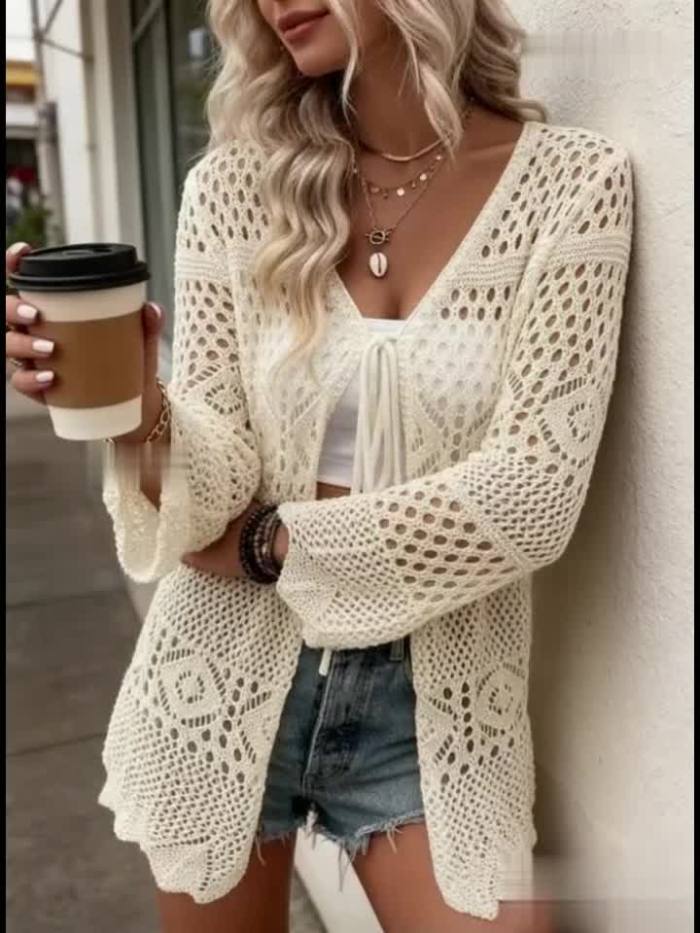 Hollow-out Cardigan Top Vacation Style Cardigan Top - Hollow-out Design Front Tie Bow