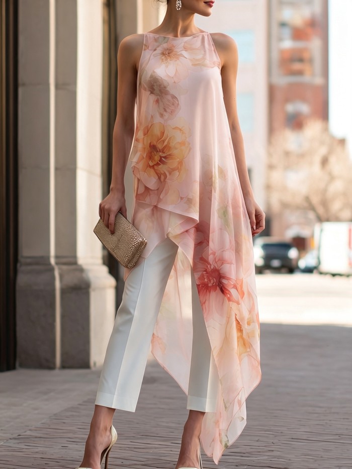 Sheer Floral Asymmetric Overlay Top