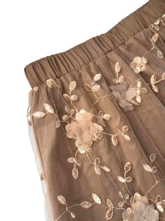 French-Style Vintage Three-Dimensional Floral Embroidered Mesh Half Skirt for Women, High-Waisted Midi-Length Skirt, Elegant and Gentle Style Chiffon Skirt