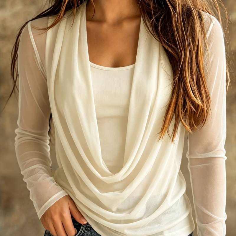 Elegant Loose-Fit Solid Color 2-in-1 Look Sheer Mesh Long Sleeve Spliced Neckline Women's T-Shirt