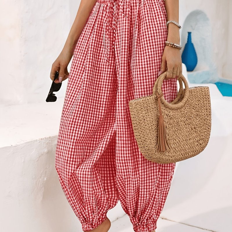 AK260317010 Women'S Necktie Pocket Plaid Loose Harem Pants, Vacation, Vacation Style, Summer Vacation Outfit, Plaid Print Elastic Waist Loose Harem Leg Pants, Suitable for Office, Business, Casual, Daily Wear, College, Travel