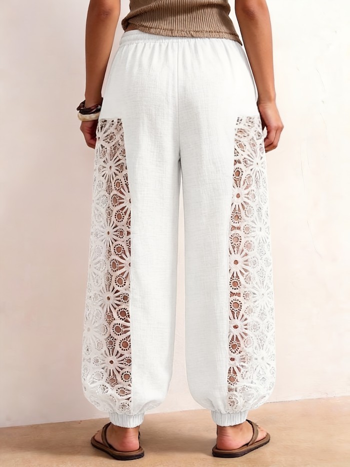 Fashion Women'S Lace Patchwork Ankle-Cinching Lantern Pants, High-Waist Elastic Drawstring And Hollow Crochet Wide-Leg Trousers, Suitable for Afternoon Tea, Concerts, Parties, And More