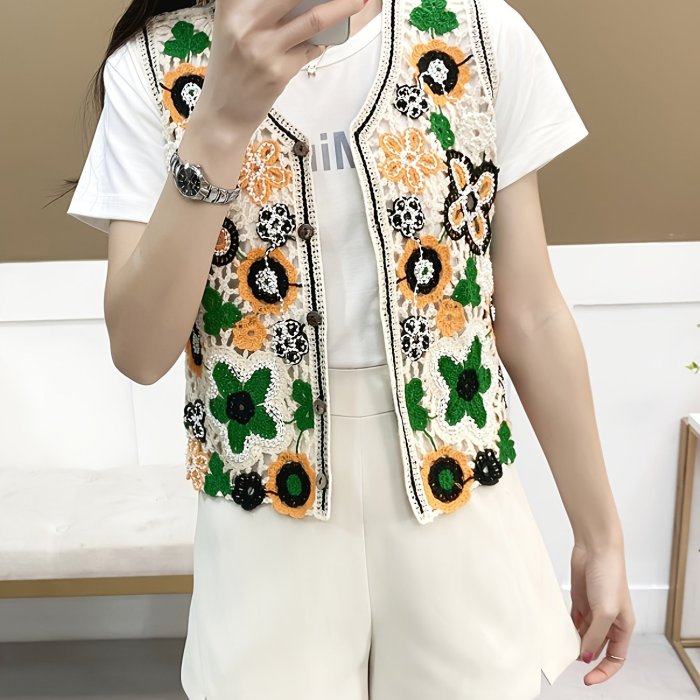 Vintage Ethnic-style Openwork Beaded Crochet Fringe Short Layered Cardigan Vest