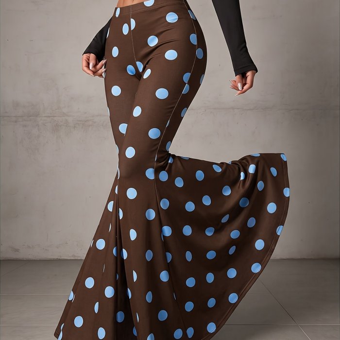 Women'S Elegant Full-Body Color-Block Polka Dot Printed Flare Long Pants, Suitable for Spring\u002FSummer\u002FAutumn\u002FWinter Fashion, Comfortable to Wear\u002FIdeal for Outings And Commuting, Soft And Stretchy Fabric, High Elasticity, Comfortable And Fashionable