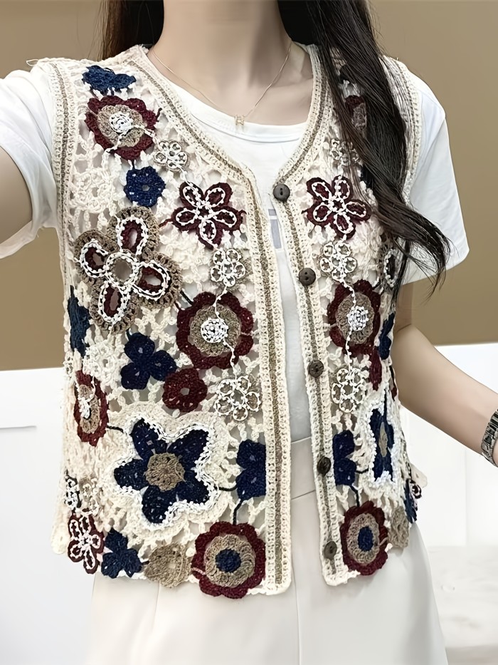 Vintage Ethnic-style Openwork Beaded Crochet Fringe Short Layered Cardigan Vest
