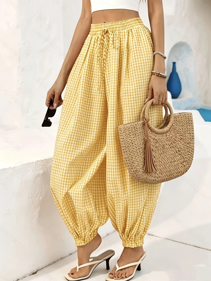 AK260317010 Women'S Necktie Pocket Plaid Loose Harem Pants, Vacation, Vacation Style, Summer Vacation Outfit, Plaid Print Elastic Waist Loose Harem Leg Pants, Suitable for Office, Business, Casual, Daily Wear, College, Travel