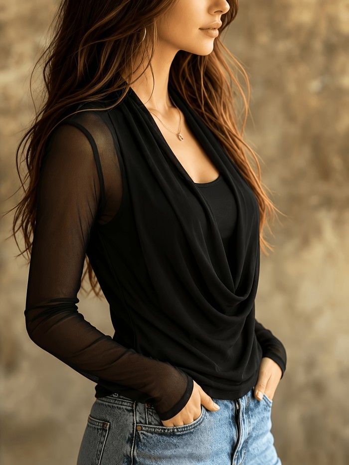 Elegant Loose-Fit Solid Color 2-in-1 Look Sheer Mesh Long Sleeve Spliced Neckline Women's T-Shirt