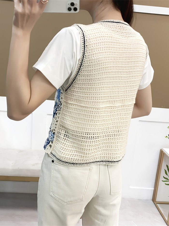 Vintage Ethnic-style Openwork Beaded Crochet Fringe Short Layered Cardigan Vest