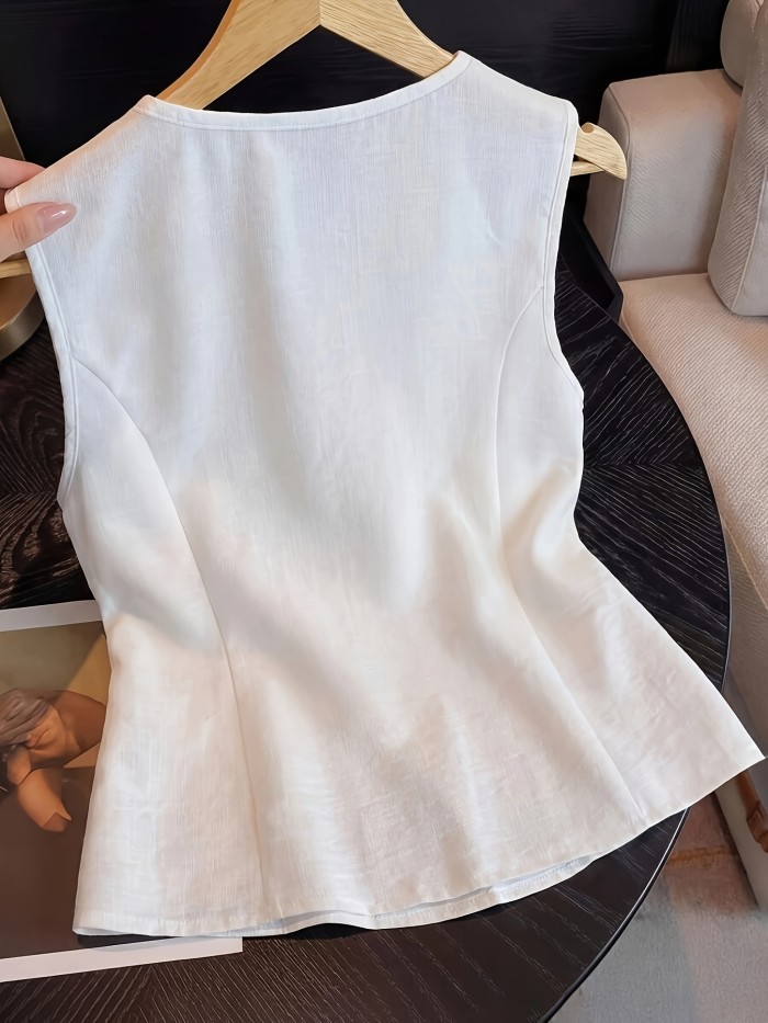 Women'S Summer Outing, Date, New Year, Valentine'S Day, Easter, Mother'S Day, Music Festival, Wedding, Elegant, Vintage, Casual, Commute, Romantic, Vacation Embroidered V-Neck Button Waist Sleeveless Blouse, White V-Neck Women'S Blouse