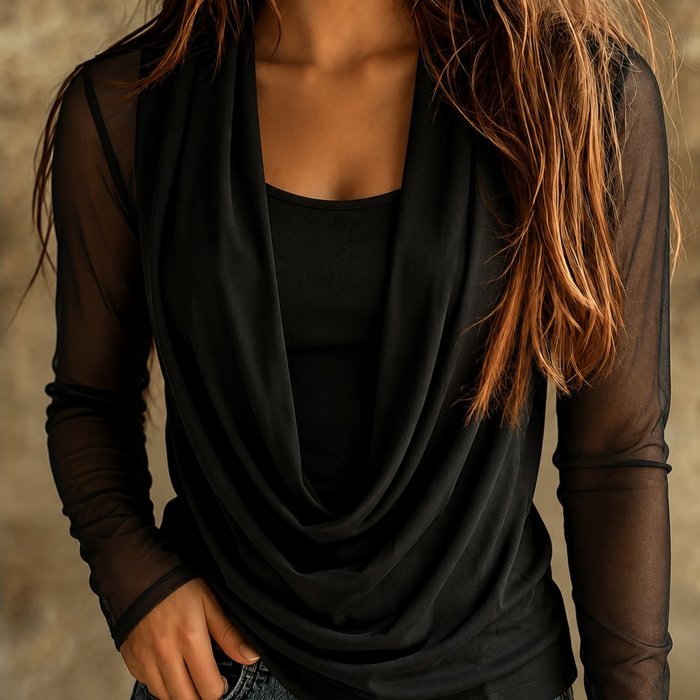 Elegant Loose-Fit Solid Color 2-in-1 Look Sheer Mesh Long Sleeve Spliced Neckline Women's T-Shirt