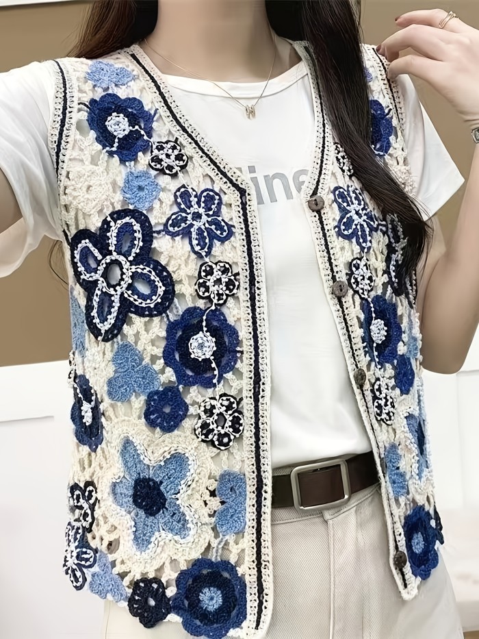 Vintage Ethnic-style Openwork Beaded Crochet Fringe Short Layered Cardigan Vest