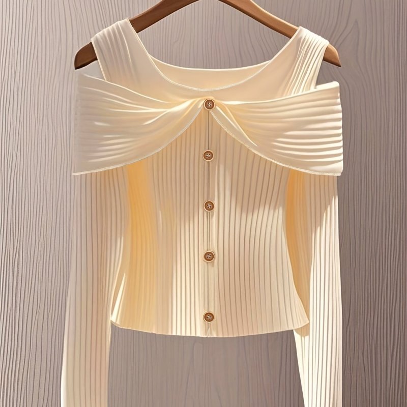 Off-Shoulder Ribbed T-Shirt Women's Solid Color Button Design Off-Shoulder Long Sleeve Ribbed T-Shirt