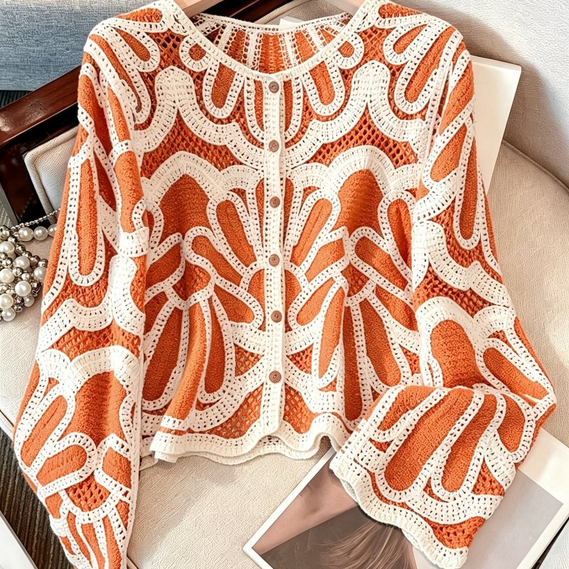Bohemian Style Crochet Openwork Long Sleeve Cardigan for Spring\u002FAutumn Casual Daily Wear