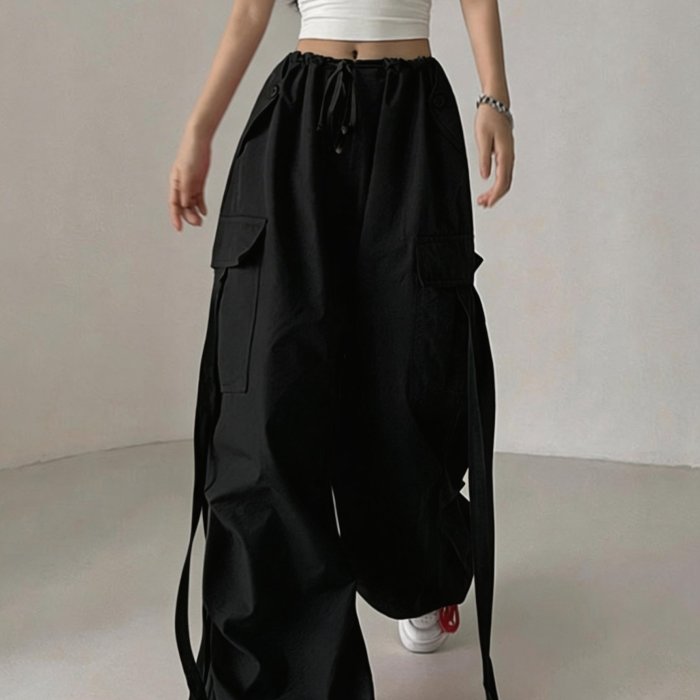 Fashion Utility Pants, Street Style Loose Fit Wide Leg Long Trousers, Drawstring Ankle Scarf, Casual