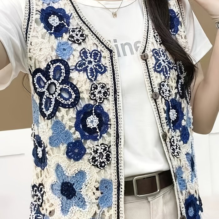 Vintage Ethnic-style Openwork Beaded Crochet Fringe Short Layered Cardigan Vest