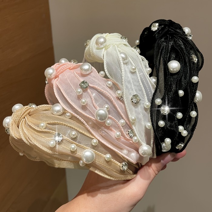 1pc Women'S Multicolor Mesh Headband with Rhinestones, Faux Pearls, Elegant And Beautiful High Skull Top Hair Hoop, Hair Additions, Suitable for Daily Use