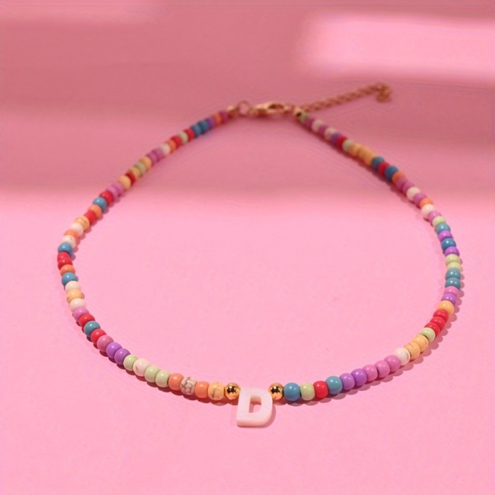 Bohemian Colorful Bead Necklace for Women with Natural Mother-Of-Pearl Initial Pendants Featuring All 26 Letters, a Stylish Jewelry Accessory