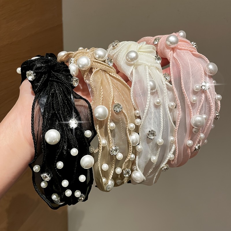 1pc Women'S Multicolor Mesh Headband with Rhinestones, Faux Pearls, Elegant And Beautiful High Skull Top Hair Hoop, Hair Additions, Suitable for Daily Use