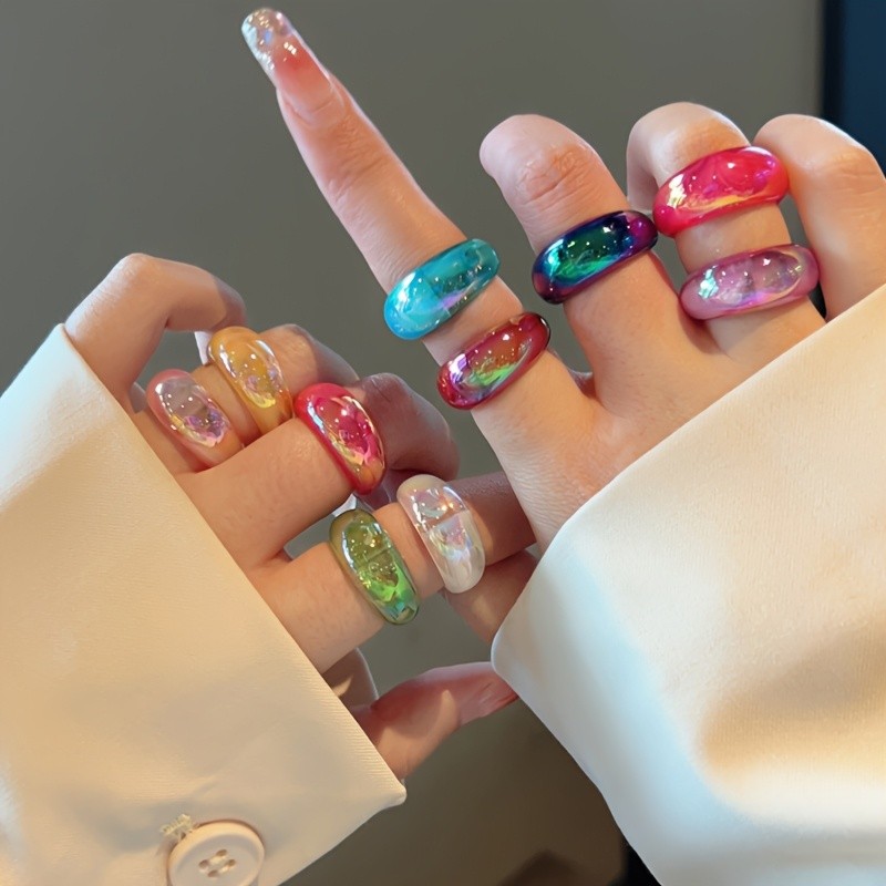 Dopamine Iridescent Resin Rings, Niche Design with Dazzling Glossy Plain Band Rings, Sweet and Cool Versatile Jewelry, Set of 10, Multiple Colors Available, Perfect for Stacking, Everyday, Dates, Parties, and Photo