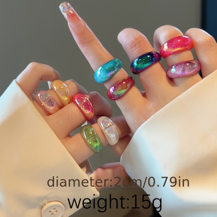 Dopamine Iridescent Resin Rings, Niche Design with Dazzling Glossy Plain Band Rings, Sweet and Cool Versatile Jewelry, Set of 10, Multiple Colors Available, Perfect for Stacking, Everyday, Dates, Parties, and Photo