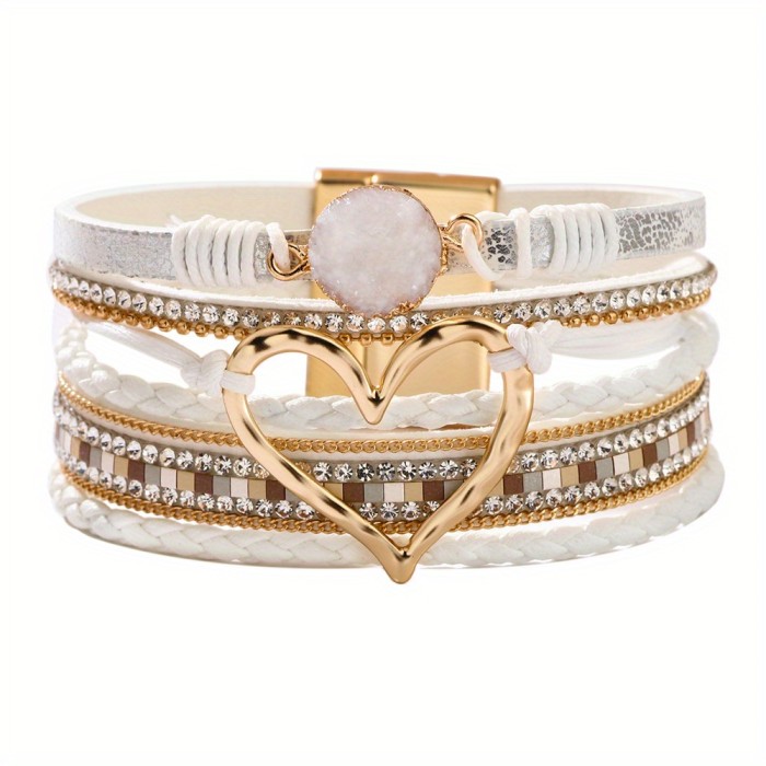 Bohemian Multi-Layer Imitate Faux Leather Bracelet Hand-Woven Bracelet Golden Big Heart Ladies Fashion Bracelet