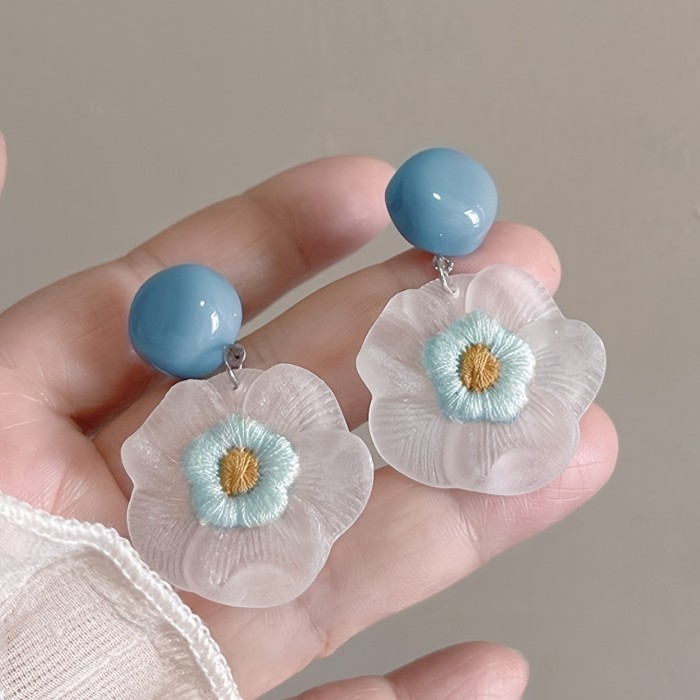 1 Pair Spring Summer Fresh Sweet Gentle Blue Frosted Resin Flower Vacation Earrings Suitable for Women'S Daily Party Gathering Vacation Wear