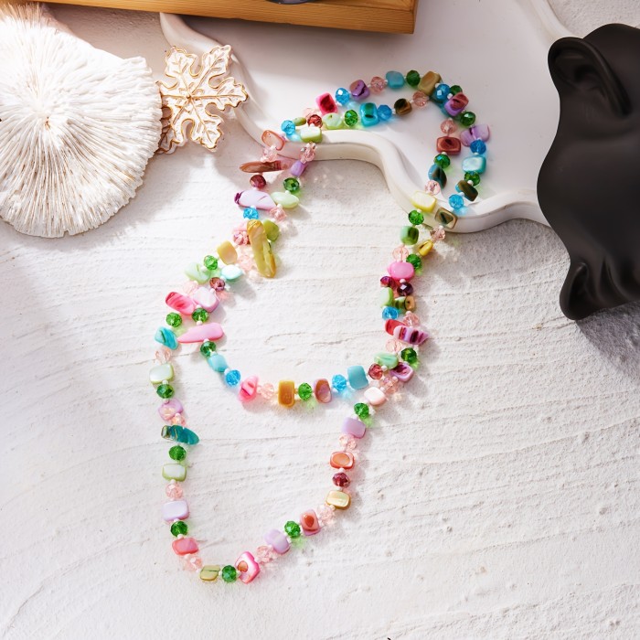1pc Bohemian Style Multicolor Artificial Shell Bead Multi-Layer Necklace, Vintage Necklace, Retro Luxurious Festive Long Necklace, Stackable, Multi-Color And Shapes