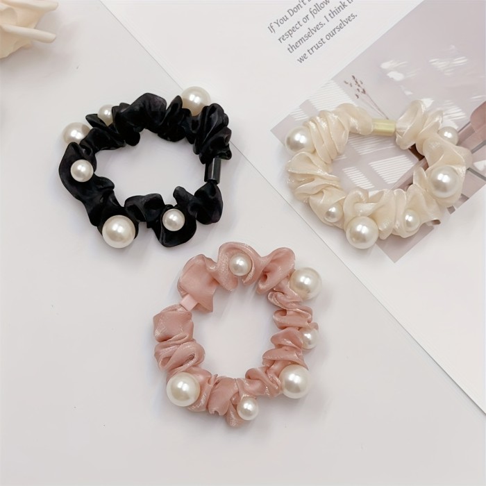4pcs Elegant Faux Pearl Mesh Scrunchies - Bohemian Style Hair Ties for Women, Soft Pleated Fabric with Pearl Accents, Pastel & Neutral Colors, Perfect for Ponytails and Updos, Hair Accessory | Fashion Scrunchies | Ruffled Texture, Scrunchies for Hair