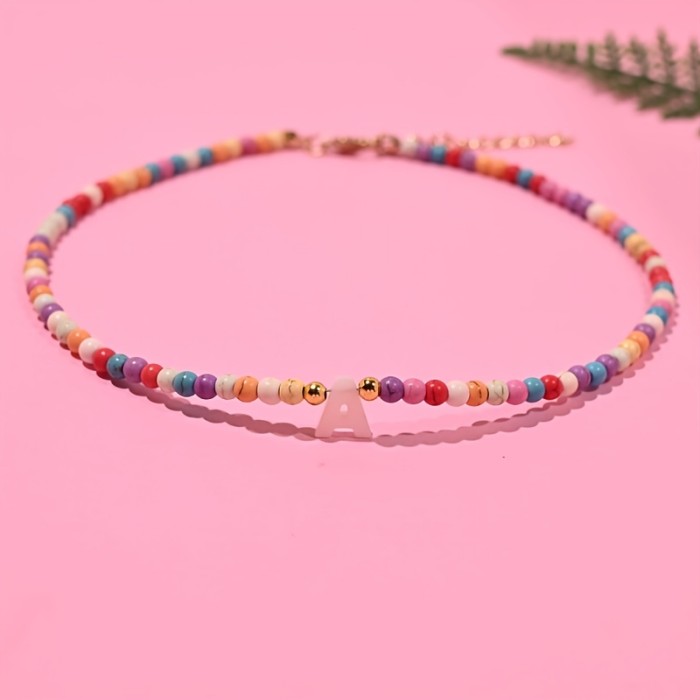 Bohemian Colorful Bead Necklace for Women with Natural Mother-Of-Pearl Initial Pendants Featuring All 26 Letters, a Stylish Jewelry Accessory