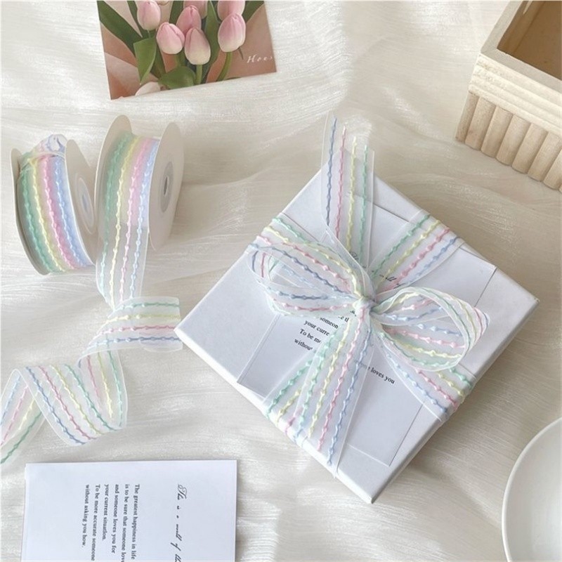 1 Pack 144.09inch Rainbow Striped Organza Ribbon - Width 0.98inch Inches, Soft And Bright Colors, Lightweight Polyester Material Suitable for Crafts, Gift Wrapping, Holiday Decorations (Christmas, Valentine'S Day, Father'S Day), Christmas Ribbon