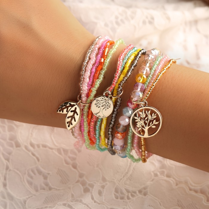 3pc Leaf Pendant Beaded Bracelet Set Boho Style Multi Layers Hand String Jewelry Set Daily Wear