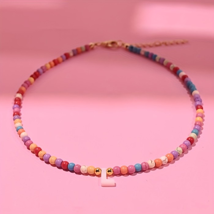 Bohemian Colorful Bead Necklace for Women with Natural Mother-Of-Pearl Initial Pendants Featuring All 26 Letters, a Stylish Jewelry Accessory