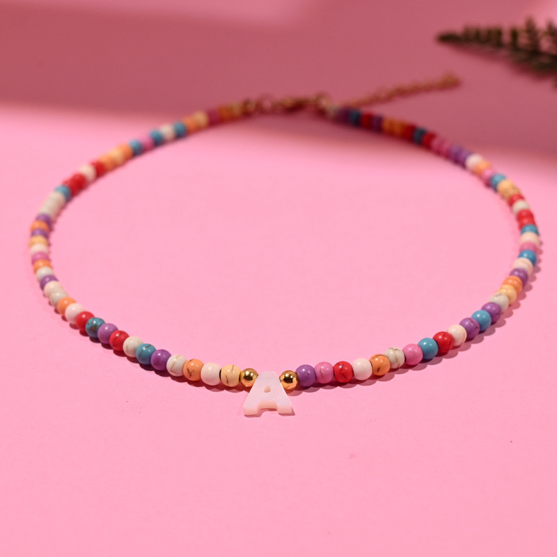 Bohemian Colorful Bead Necklace for Women with Natural Mother-Of-Pearl Initial Pendants Featuring All 26 Letters, a Stylish Jewelry Accessory