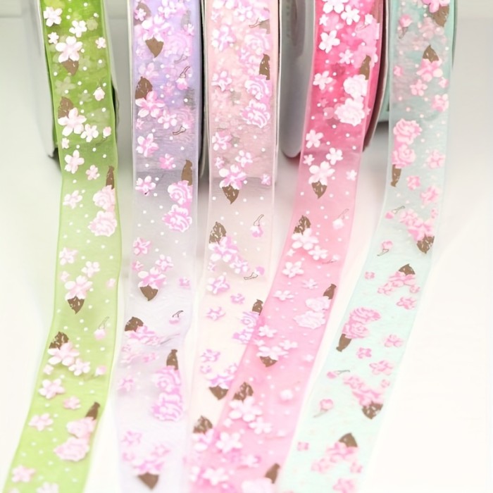 5 Yards Width 25mm Flower Printed Organza Ribbon for DIY Headwear Wedding Party Festive Event Decoration Gift Wrap